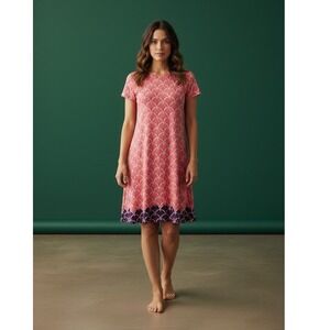 Hatley Womens Small Pink Ginkgo Leaf Print Cotton Short Sleeve Zipper Back Dress